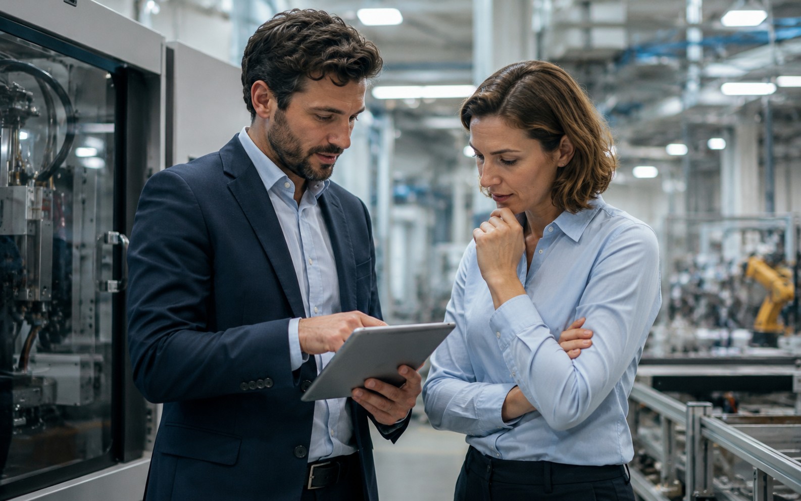 Consulente e cliente che analizzano soluzioni tecnologiche in un contesto industriale